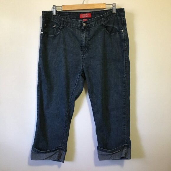 Cos Jeans Dark Navy Blue Ramie Cuffed Capri With Black Rhinestones Stamp - Picture 1 of 14